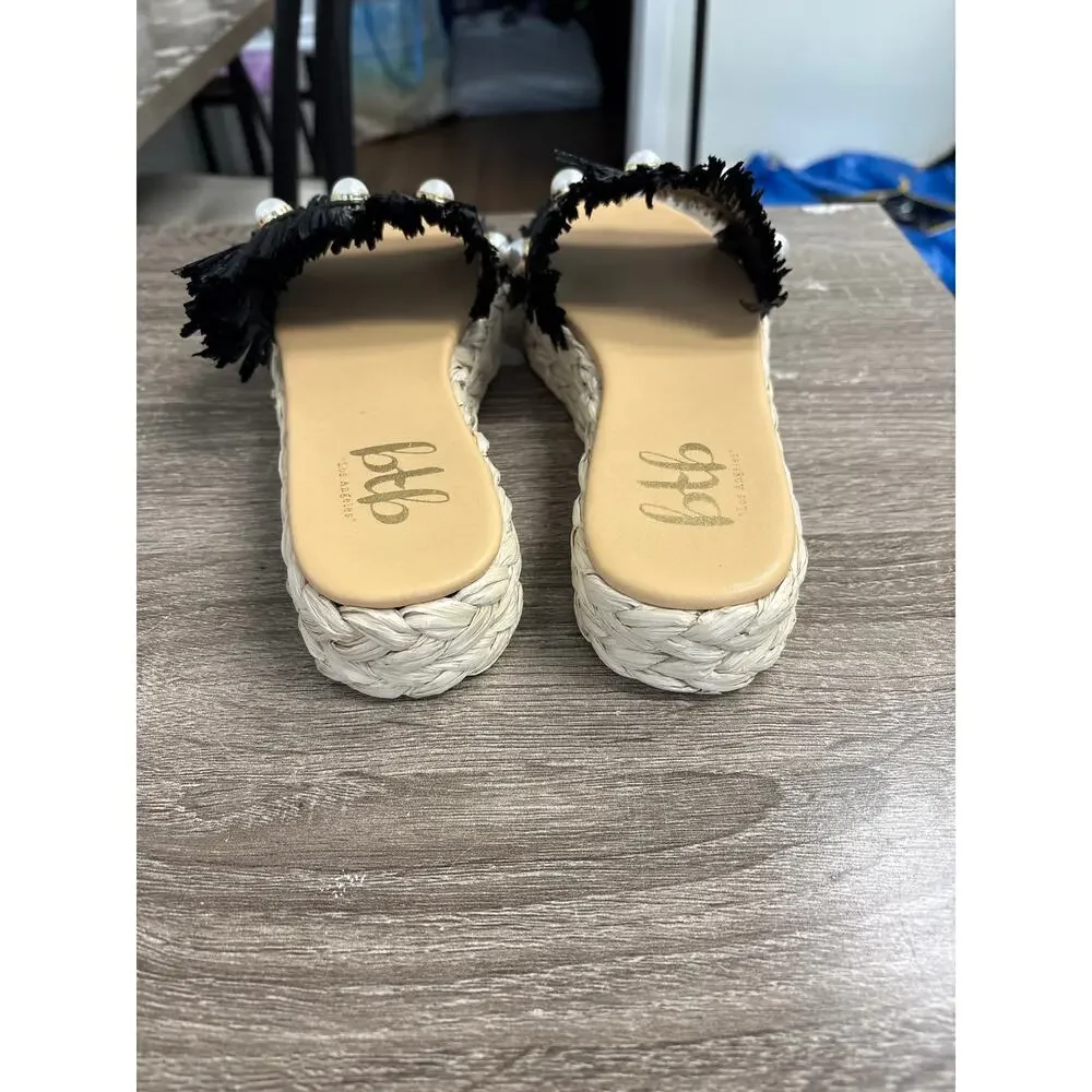 btb Los Angeles Black Raffia With Pearl Slides Sz 8.5